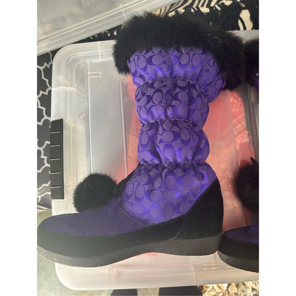 COACH Women's Purple Theona Signature Jacquard Rabbit Fur Winter Boots - Picture 7 of 9